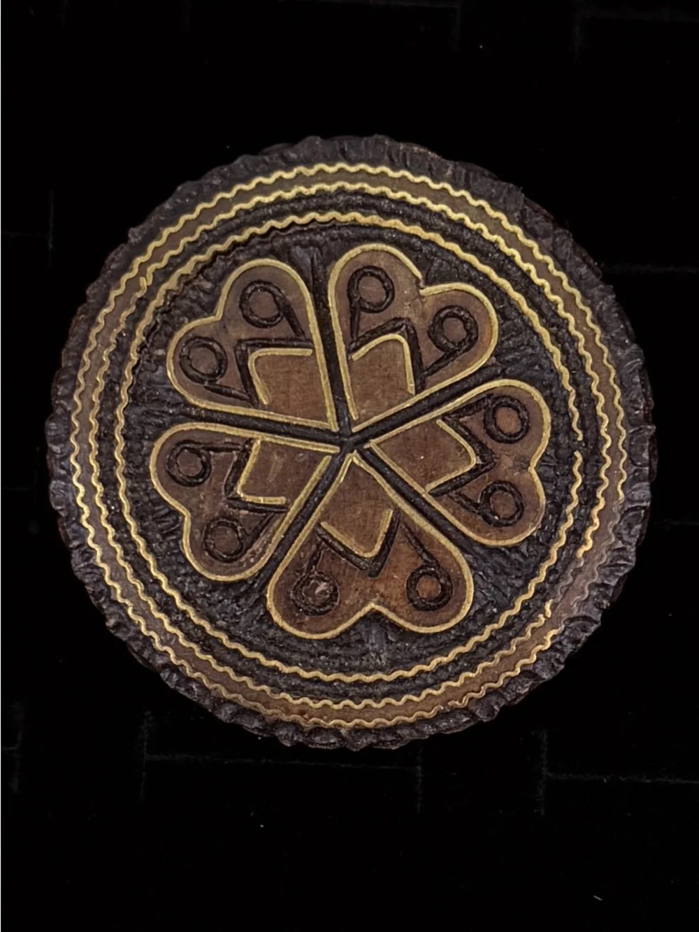Vintage Round Carved Wood Medallion Brooch Brass Inlay Geometric Folk Art Pin